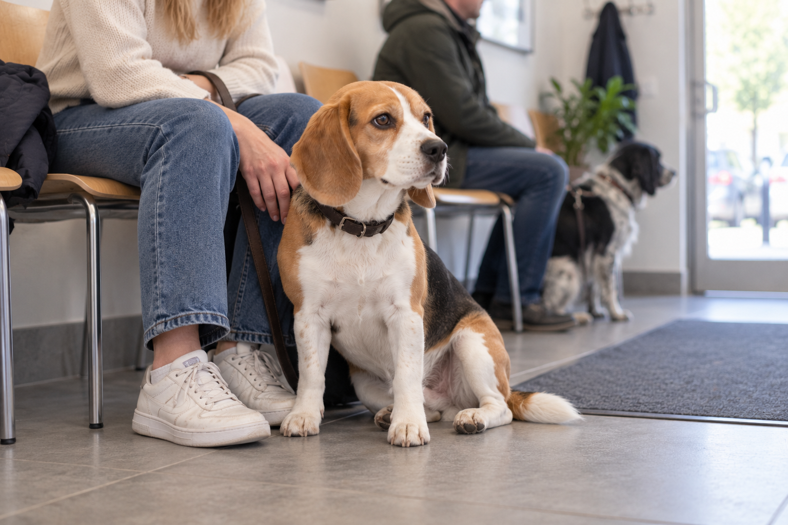 Bígel čaká s majiteľkou na veterinárne vyšetrenie